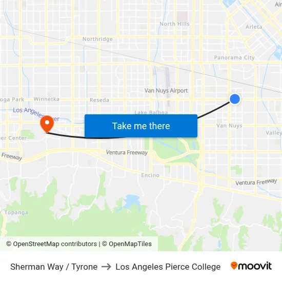 Sherman Way / Tyrone to Los Angeles Pierce College map