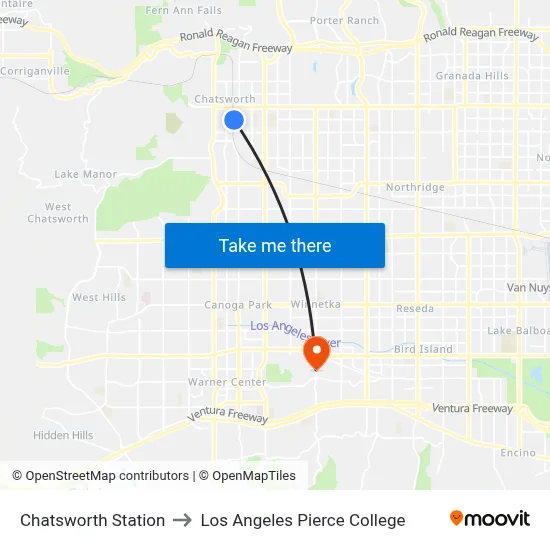 Chatsworth Station to Los Angeles Pierce College map