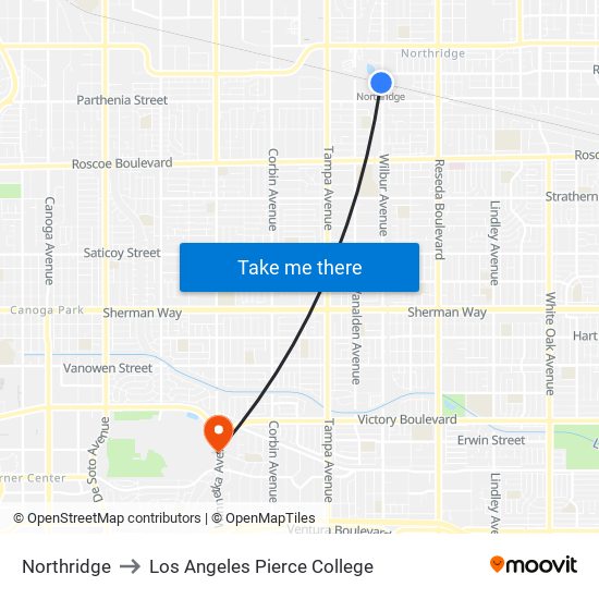 Northridge to Los Angeles Pierce College map