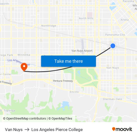 Van Nuys to Los Angeles Pierce College map