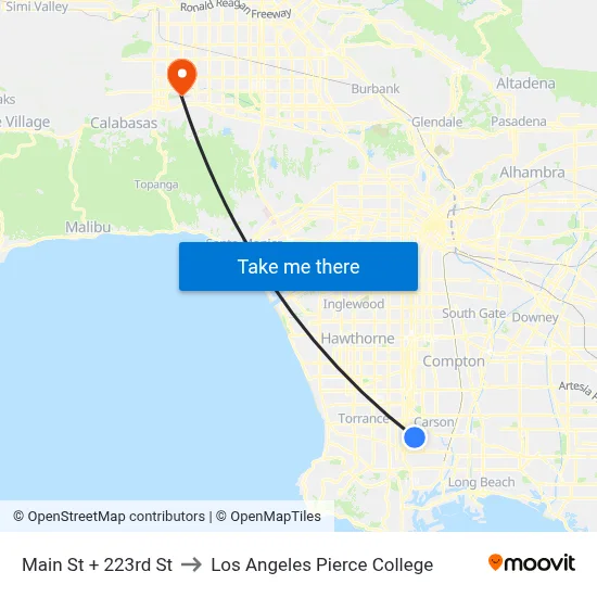 Main St + 223rd St to Los Angeles Pierce College map