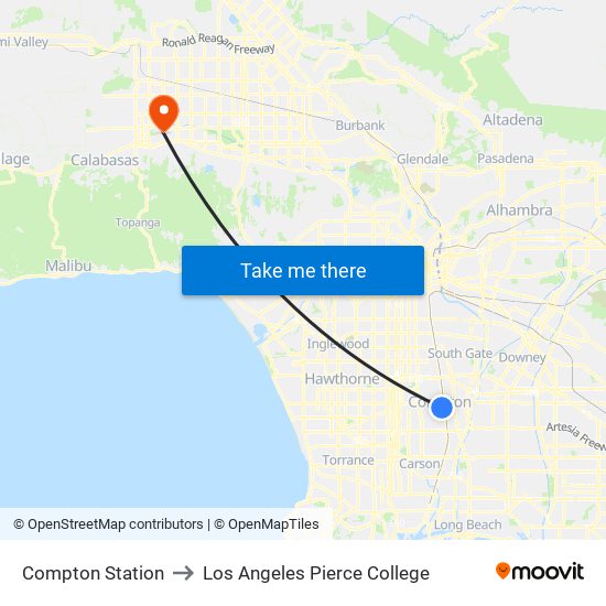 Compton Station to Los Angeles Pierce College map