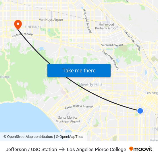 Jefferson / USC Station to Los Angeles Pierce College map