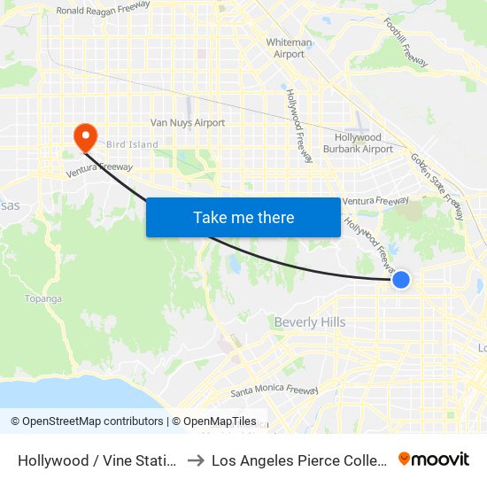 Hollywood / Vine Station to Los Angeles Pierce College map