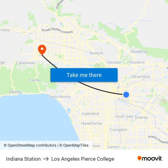 Indiana Station to Los Angeles Pierce College map