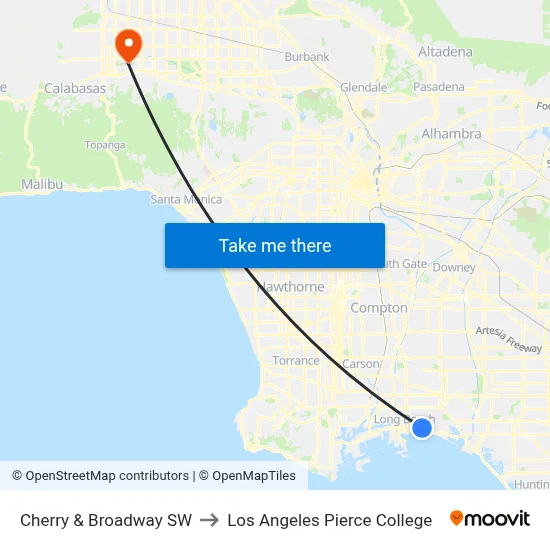 Cherry & Broadway SW to Los Angeles Pierce College map