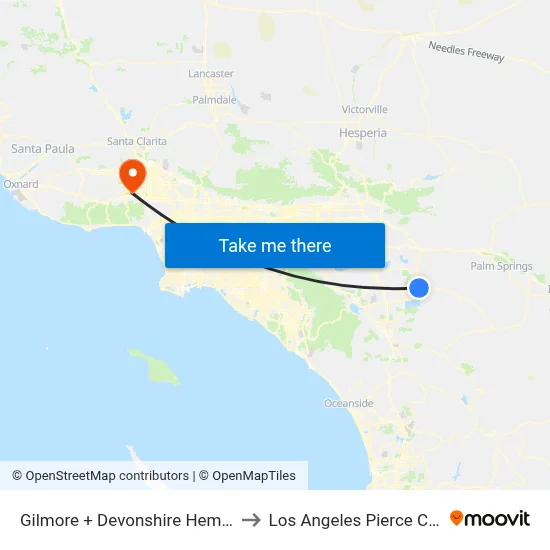 Gilmore + Devonshire Hemet Mall to Los Angeles Pierce College map