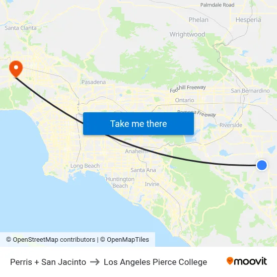 Perris + San Jacinto to Los Angeles Pierce College map