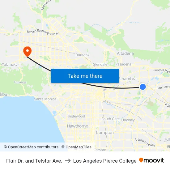 Flair Dr. and Telstar Ave. to Los Angeles Pierce College map