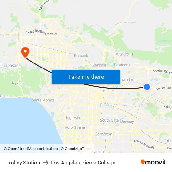 Trolley Station to Los Angeles Pierce College map