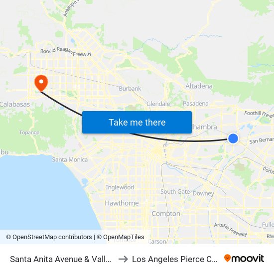 Santa Anita Avenue & Valley Mall to Los Angeles Pierce College map