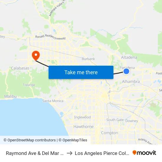 Raymond Ave & Del Mar Blvd to Los Angeles Pierce College map