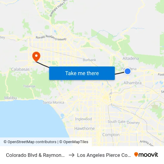 Colorado Blvd &  Raymond Ave to Los Angeles Pierce College map