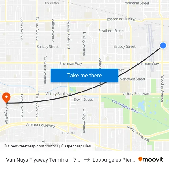 Van Nuys Flyaway Terminal - 7610 Woodley Ave to Los Angeles Pierce College map