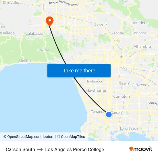 Carson South to Los Angeles Pierce College map