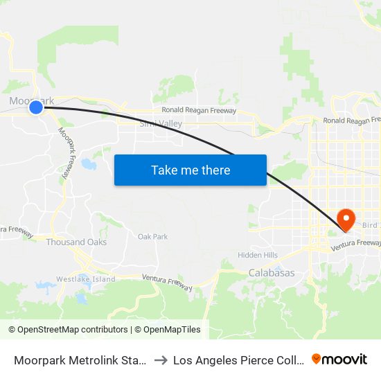 Moorpark Metrolink Station to Los Angeles Pierce College map