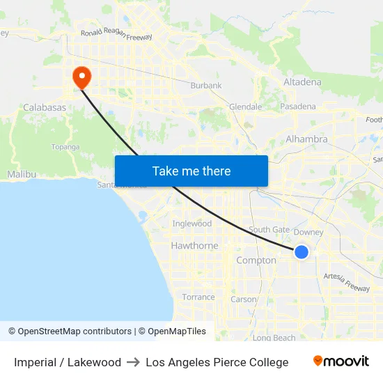 Imperial / Lakewood to Los Angeles Pierce College map