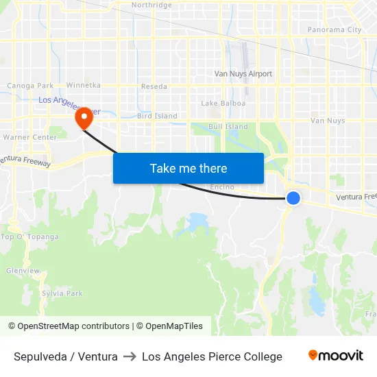 Sepulveda / Ventura to Los Angeles Pierce College map