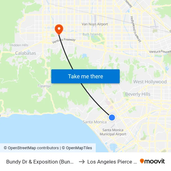 Bundy Dr & Exposition (Bundy Station) to Los Angeles Pierce College map