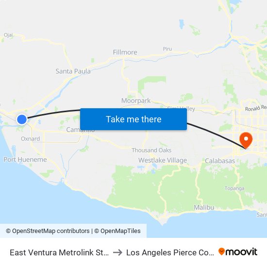 East Ventura Metrolink Station to Los Angeles Pierce College map
