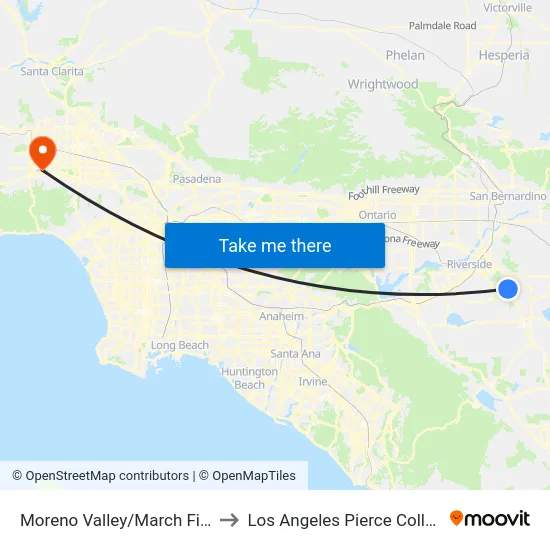 Moreno Valley / March Field to Los Angeles Pierce College map