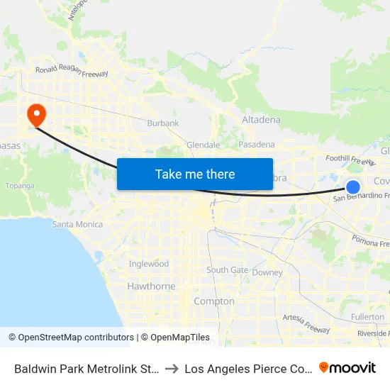Baldwin Park Metrolink Station to Los Angeles Pierce College map
