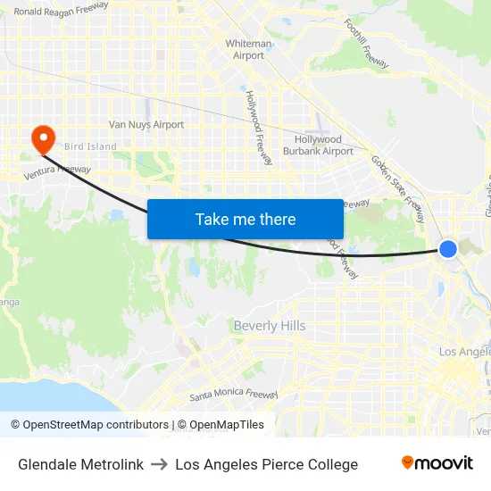Glendale Metrolink to Los Angeles Pierce College map