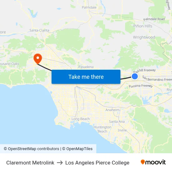 Claremont Metrolink to Los Angeles Pierce College map