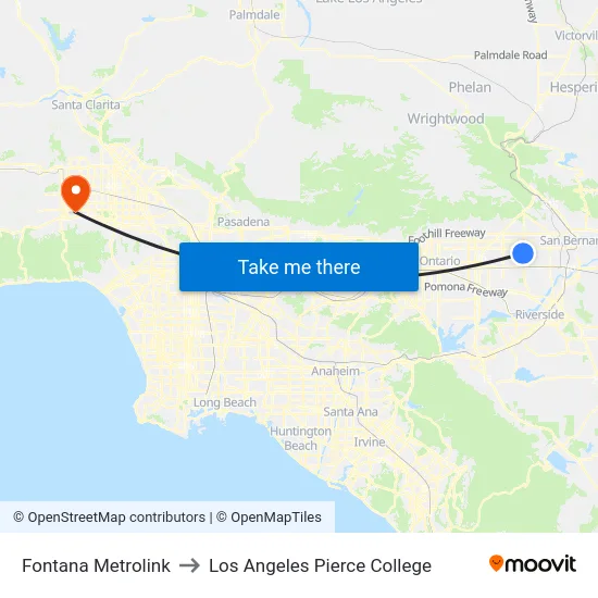 Fontana Metrolink to Los Angeles Pierce College map