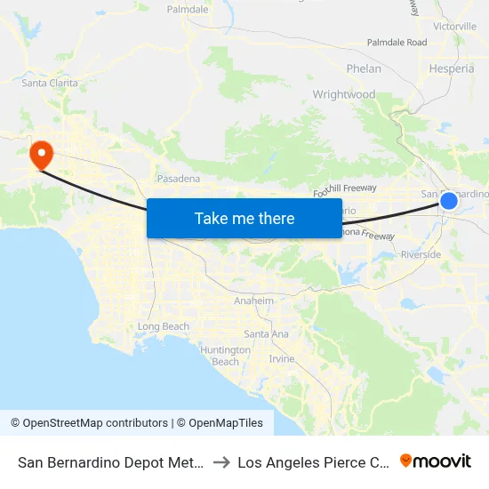 San Bernardino Depot Metro Link to Los Angeles Pierce College map