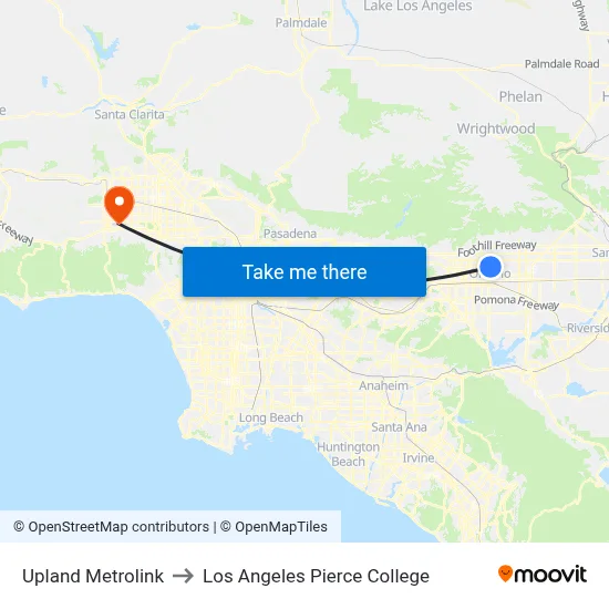 Upland Metrolink to Los Angeles Pierce College map