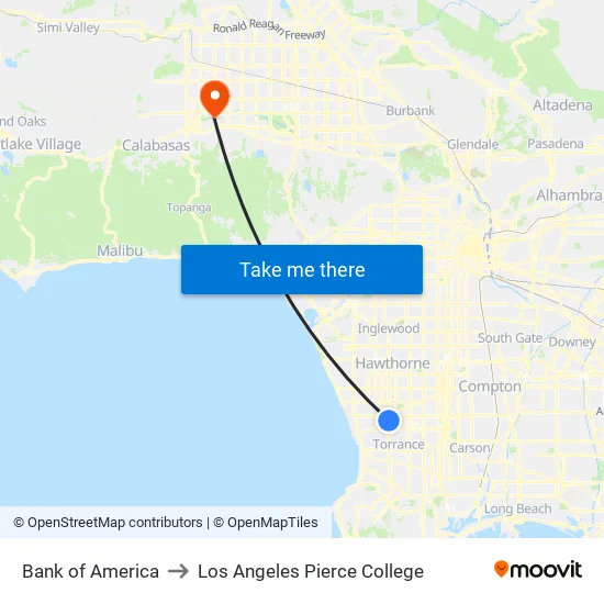 Bank of America to Los Angeles Pierce College map