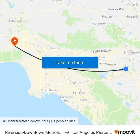 Riverside-Downtown Metrolink Station to Los Angeles Pierce College map
