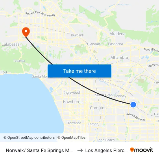 Norwalk/ Santa Fe Springs Metrolink Station to Los Angeles Pierce College map