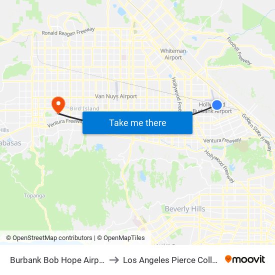 Burbank Bob Hope Airport to Los Angeles Pierce College map