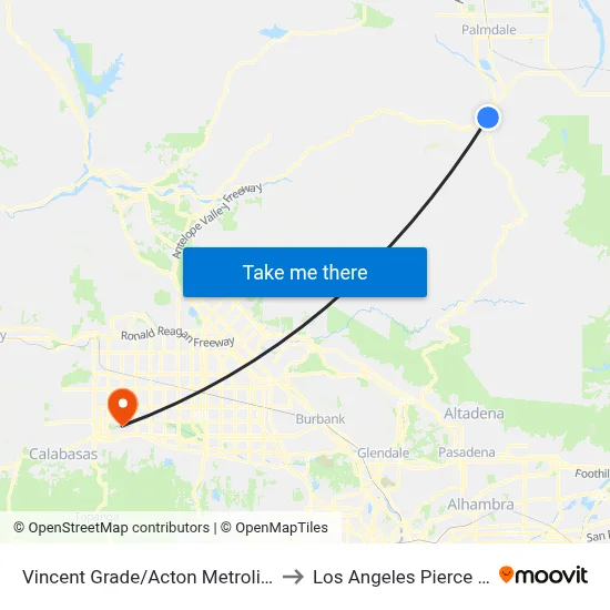 Vincent Grade/Acton Metrolink Station to Los Angeles Pierce College map