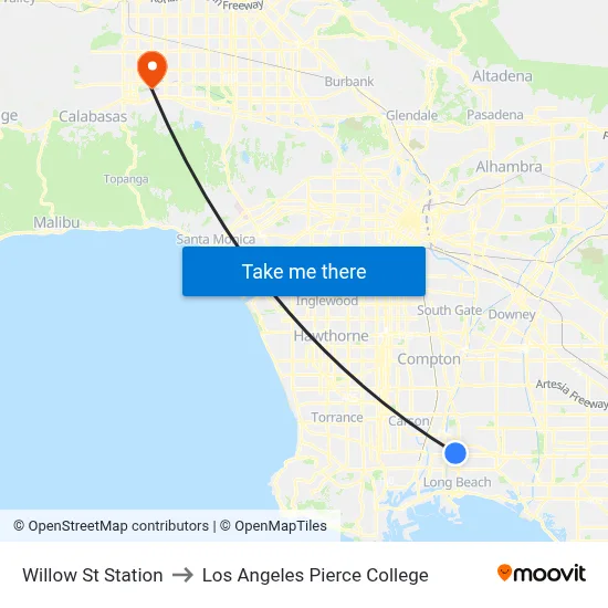 Willow St Station to Los Angeles Pierce College map