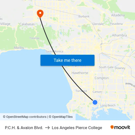 P.C.H. & Avalon Blvd. to Los Angeles Pierce College map