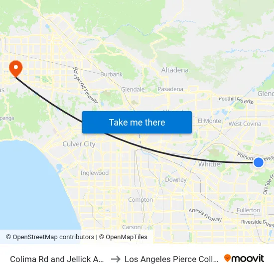 Colima Rd and Jellick Ave E to Los Angeles Pierce College map