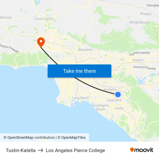 Tustin-Katella to Los Angeles Pierce College map
