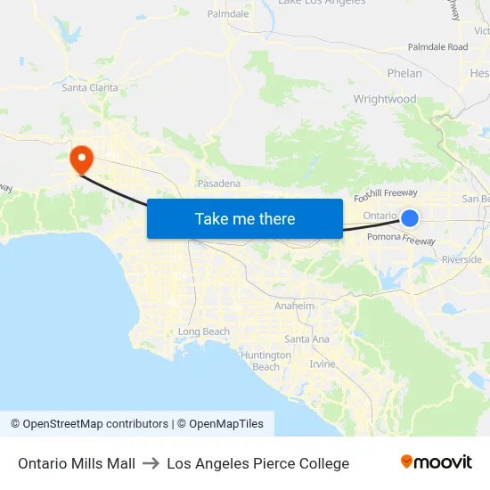 Ontario Mills Mall to Los Angeles Pierce College map