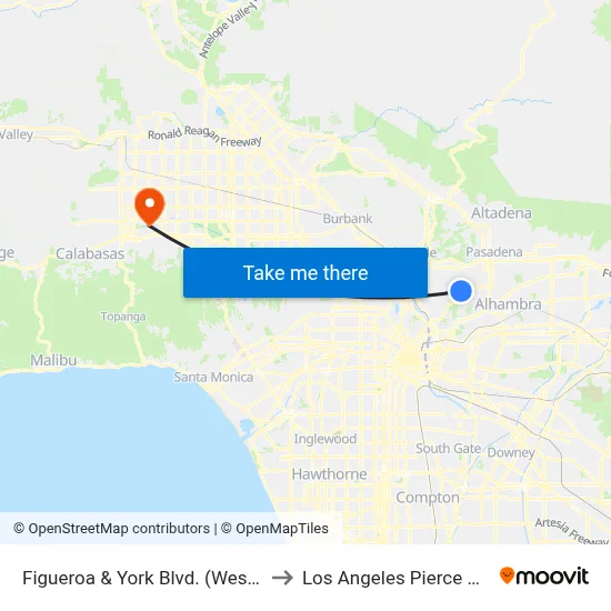 Figueroa & York Blvd. (Westbound) to Los Angeles Pierce College map