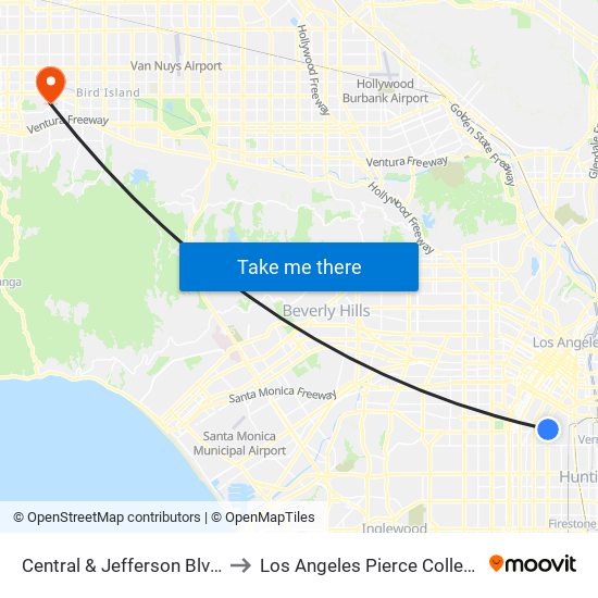 Central & Jefferson Blvd. to Los Angeles Pierce College map