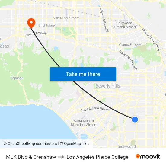 MLK Blvd & Crenshaw to Los Angeles Pierce College map