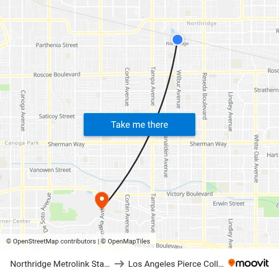 Northridge Metrolink Station to Los Angeles Pierce College map