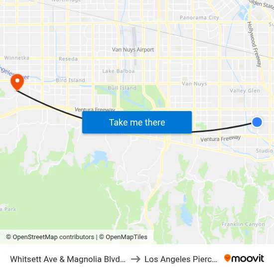 Whitsett Ave & Magnolia Blvd Southbound to Los Angeles Pierce College map