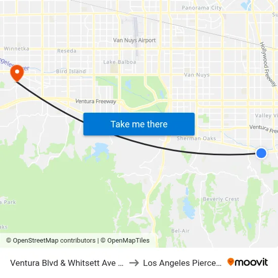 Ventura Blvd & Whitsett Ave Eastbound to Los Angeles Pierce College map