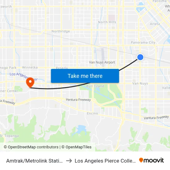 Amtrak/Metrolink Station to Los Angeles Pierce College map