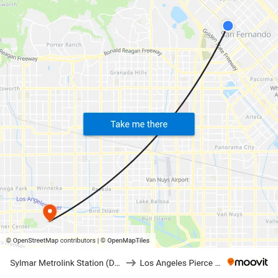 Sylmar Metrolink Station (Departing) to Los Angeles Pierce College map