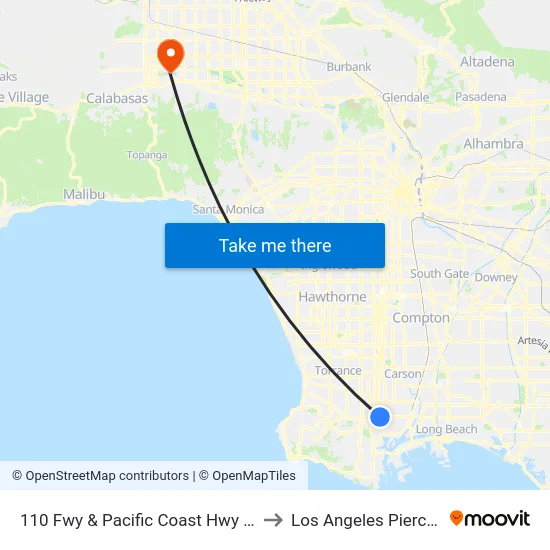 110 Fwy & Pacific Coast Hwy (Westbound) to Los Angeles Pierce College map